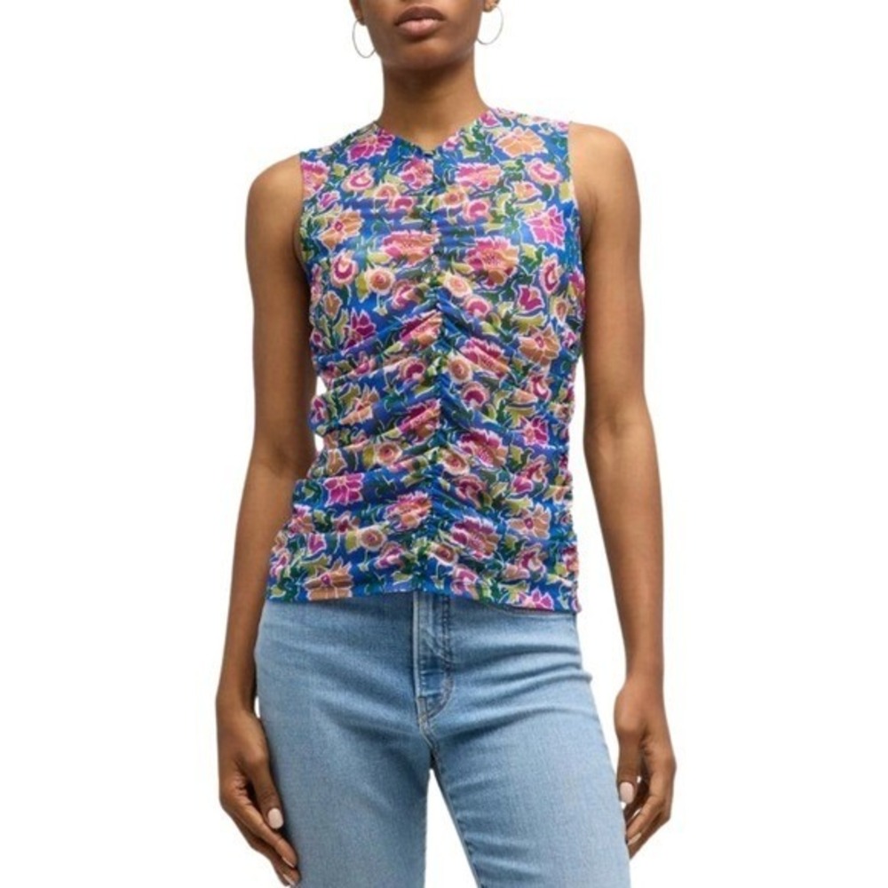 Veronica Beard Top Womens Size 4 Blue Tazmin Floral Ruched Sheer Mesh V-Neck